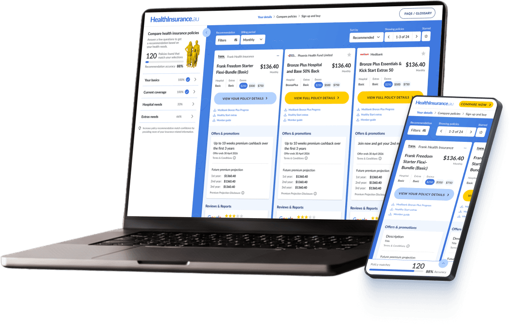HealthInsurance.au comparison tool showing policy results on laptop and mobile
